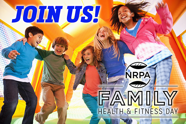 Family Health & Fitness Day, Join Us headline on image of kids in bounce house